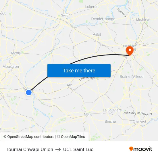 Tournai Chwapi Union to UCL Saint Luc map