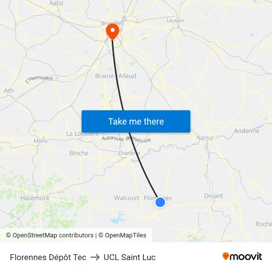 Florennes Dépôt Tec to UCL Saint Luc map