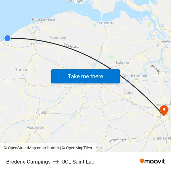 Bredene Campgrounds to UCL Saint Luc map