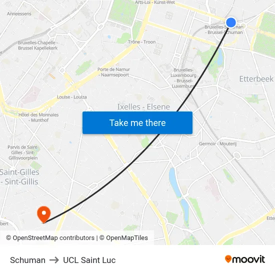 Schuman to UCL Saint Luc map