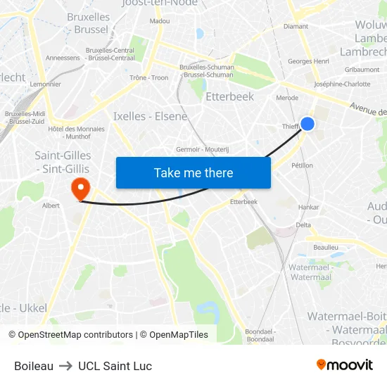 Boileau to UCL Saint Luc map