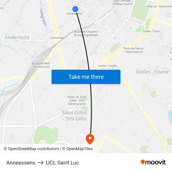 Anneessens to UCL Saint Luc map