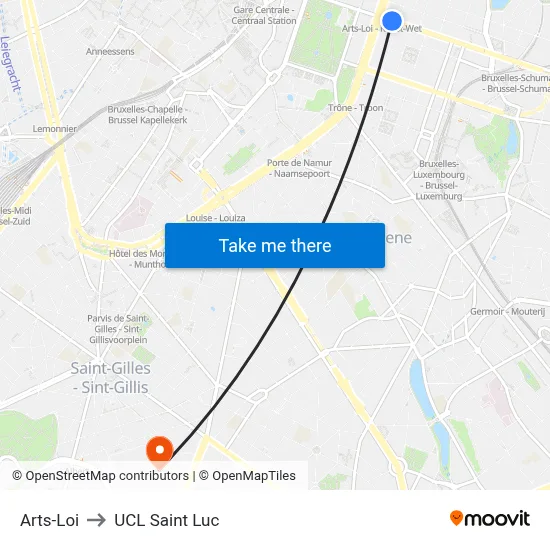 Arts-Loi to UCL Saint Luc map