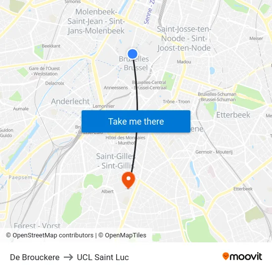 De Brouckere to UCL Saint Luc map