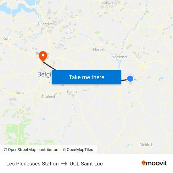 Les Plenesses Station to UCL Saint Luc map
