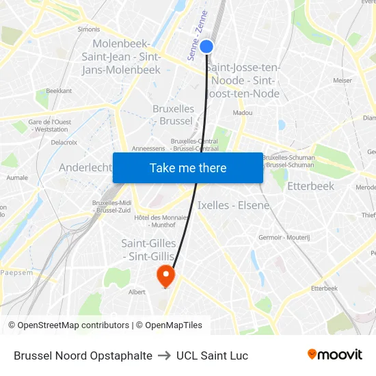 Brussel Noord Opstaphalte to UCL Saint Luc map