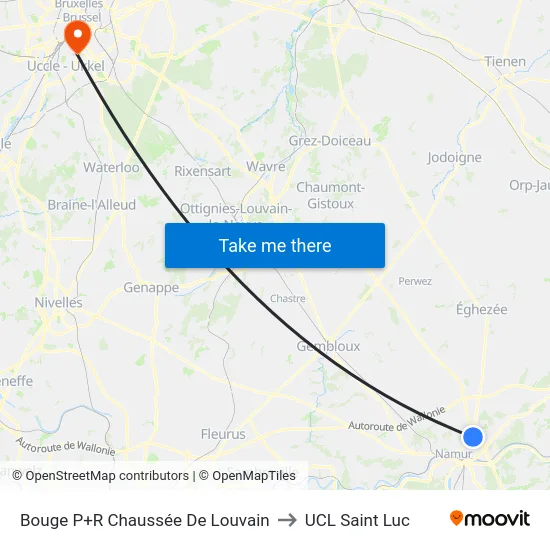 Bouge P+R Chaussée De Louvain to UCL Saint Luc map
