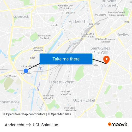 Anderlecht to UCL Saint Luc map