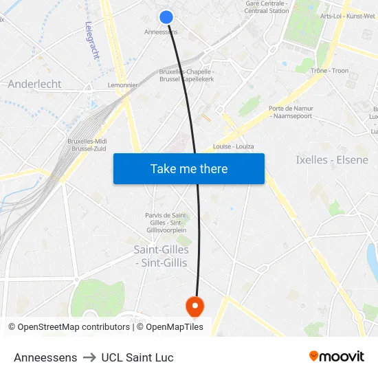 Anneessens to UCL Saint Luc map