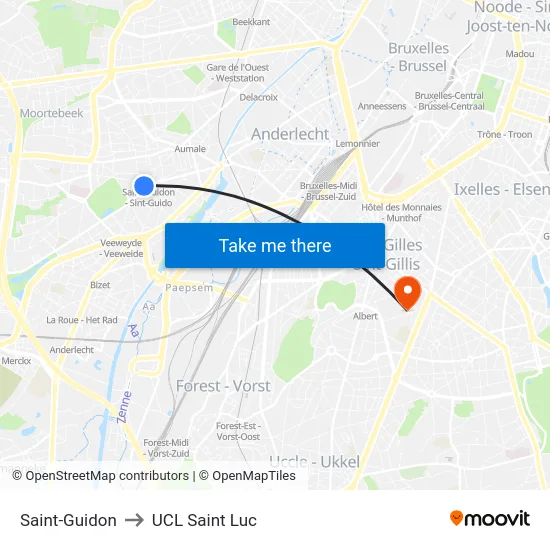 Saint-Guidon to UCL Saint Luc map