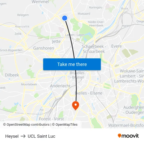 Heysel to UCL Saint Luc map