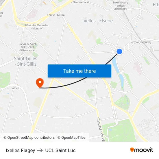 Ixelles Flagey to UCL Saint Luc map