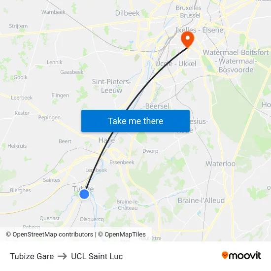 Tubize Gare to UCL Saint Luc map
