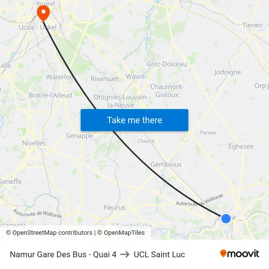 Namur Gare Des Bus - Quai 4 to UCL Saint Luc map