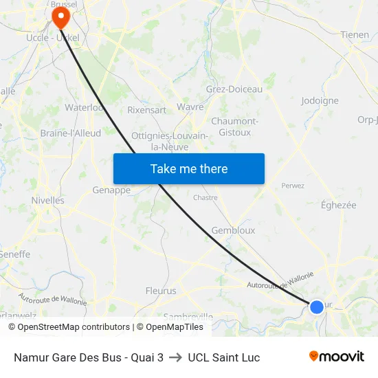 Namur Gare Des Bus - Quai 3 to UCL Saint Luc map