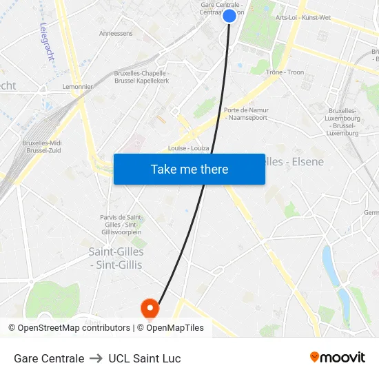 Gare Centrale to UCL Saint Luc map