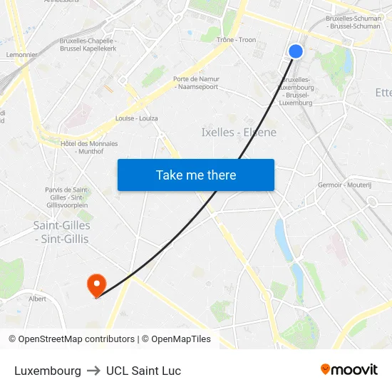Luxembourg to UCL Saint Luc map