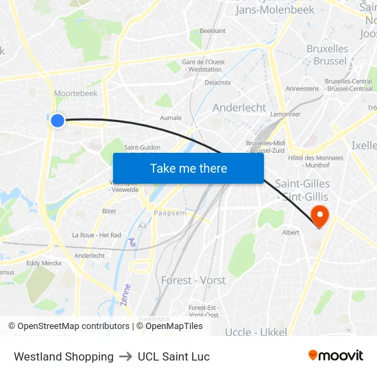 Westland Shopping to UCL Saint Luc map
