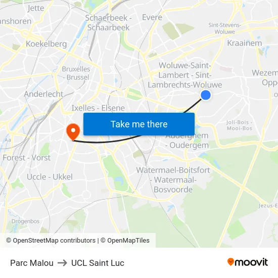 Parc Malou to UCL Saint Luc map