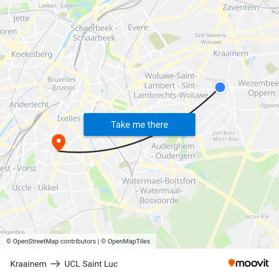 Kraainem to UCL Saint Luc map