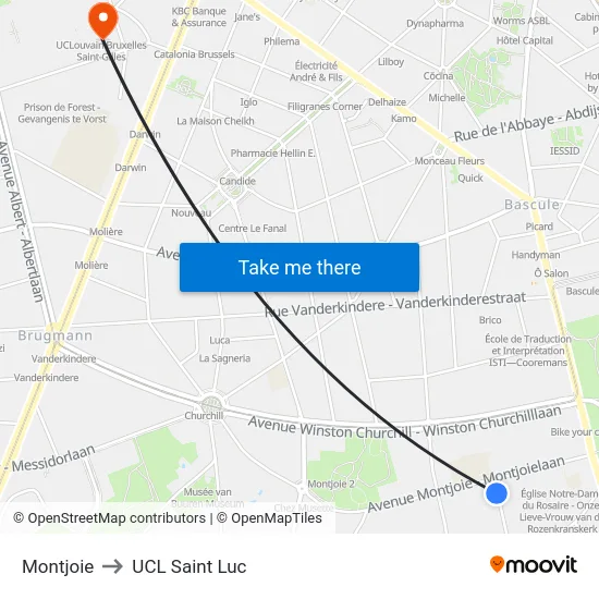 Montjoie to UCL Saint Luc map