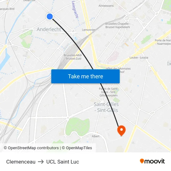 Clemenceau to UCL Saint Luc map