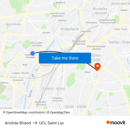 Aristide Briand to UCL Saint Luc map