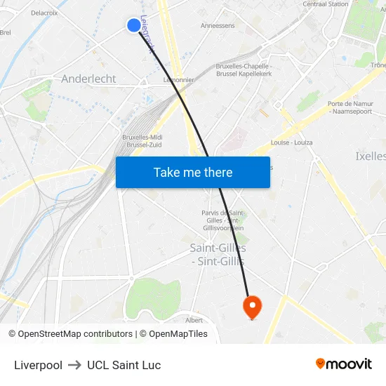 Liverpool to UCL Saint Luc map