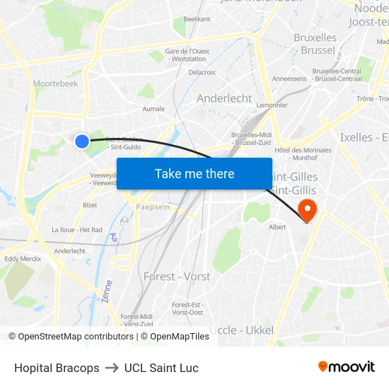 Hopital Bracops to UCL Saint Luc map