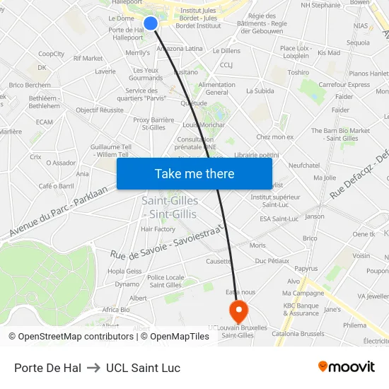 Porte De Hal to UCL Saint Luc map