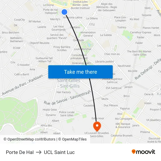 Porte De Hal to UCL Saint Luc map