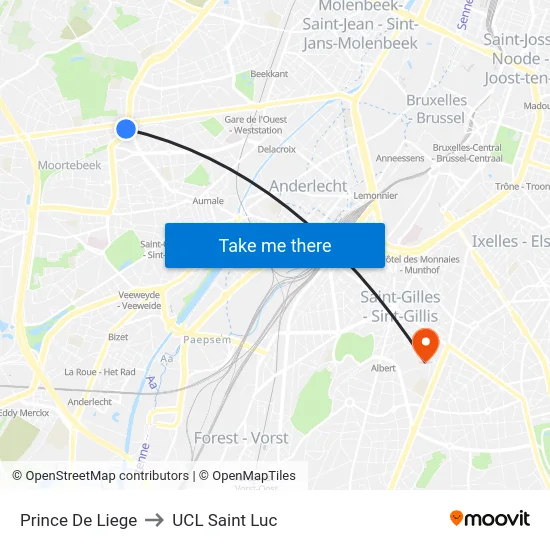 Prince De Liege to UCL Saint Luc map