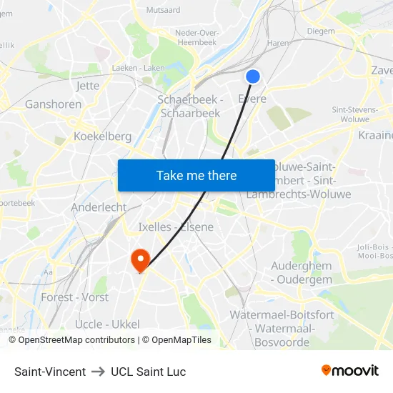 Saint-Vincent to UCL Saint Luc map