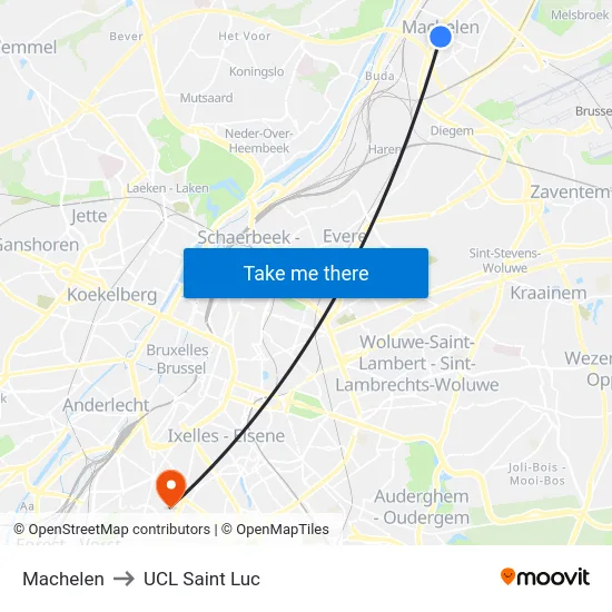 Machelen to UCL Saint Luc map