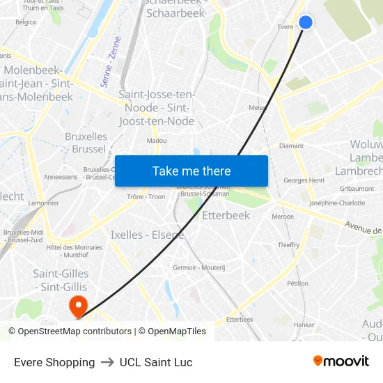 Evere Shopping to UCL Saint Luc map