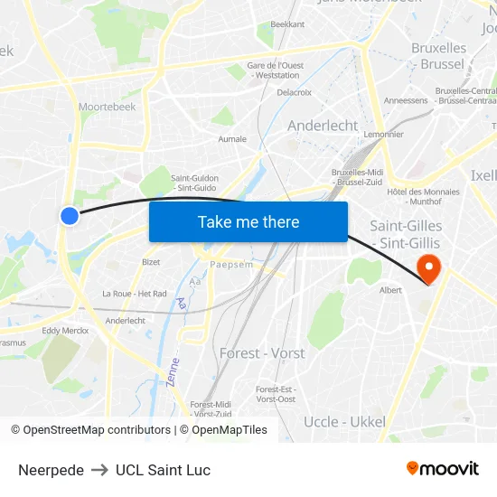 Neerpede to UCL Saint Luc map