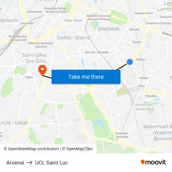Arsenal to UCL Saint Luc map