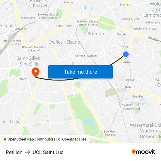 Petillon to UCL Saint Luc map