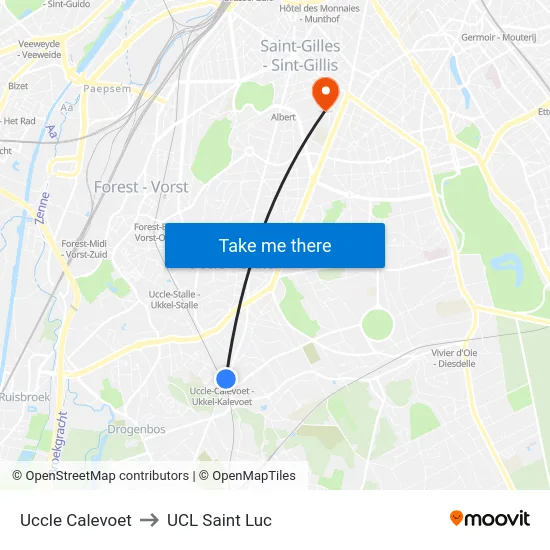 Uccle Calevoet to UCL Saint Luc map