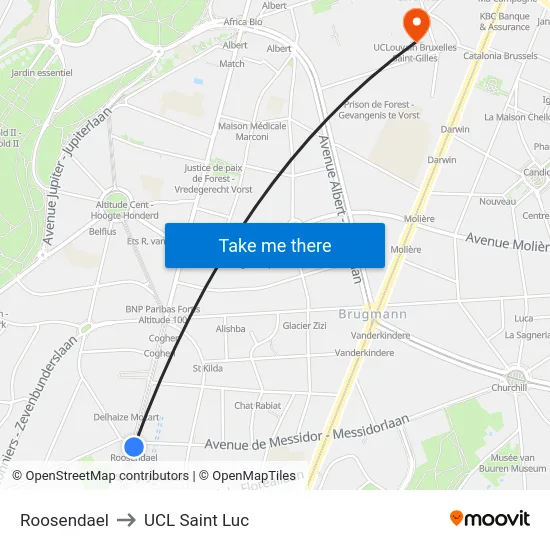 Roosendael to UCL Saint Luc map