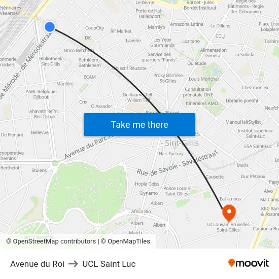 Avenue du Roi to UCL Saint Luc map