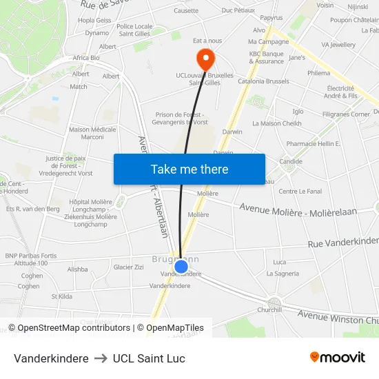 Vanderkindere to UCL Saint Luc map