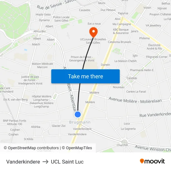 Vanderkindere to UCL Saint Luc map