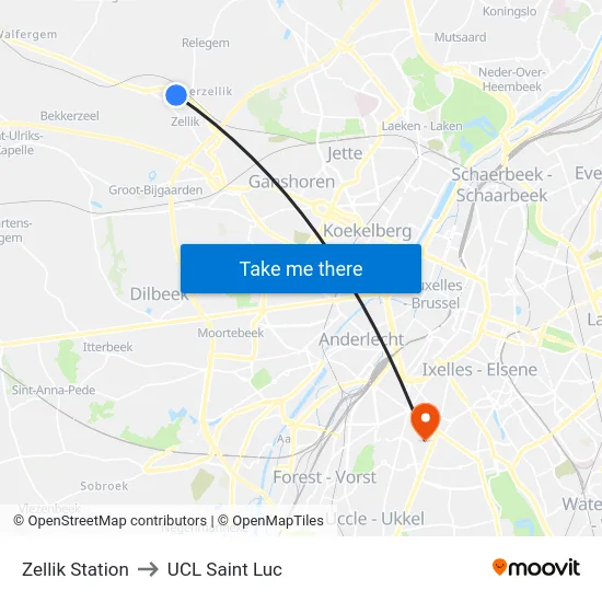 Zellik Station to UCL Saint Luc map