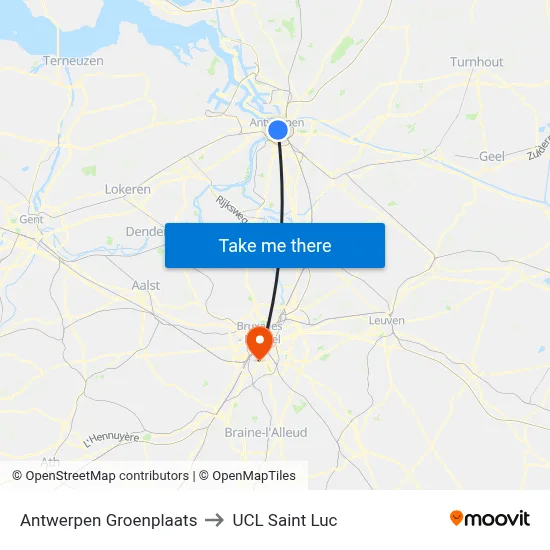 Antwerpen Groenplaats to UCL Saint Luc map