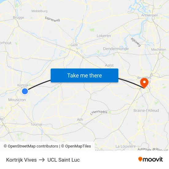 Kortrijk Vives to UCL Saint Luc map