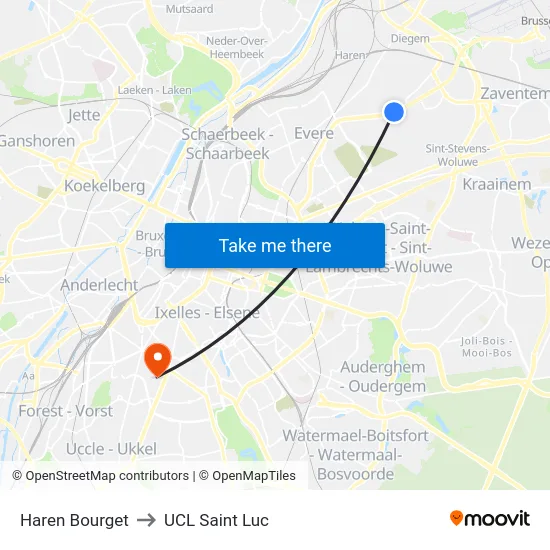 Haren Bourget to UCL Saint Luc map