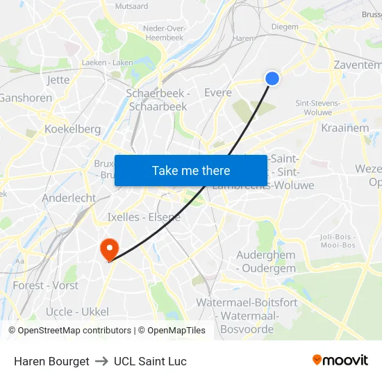 Haren Bourget to UCL Saint Luc map