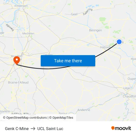 Genk C-Mine to UCL Saint Luc map