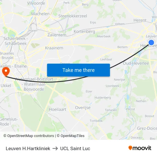 Leuven H.Hartkliniek to UCL Saint Luc map